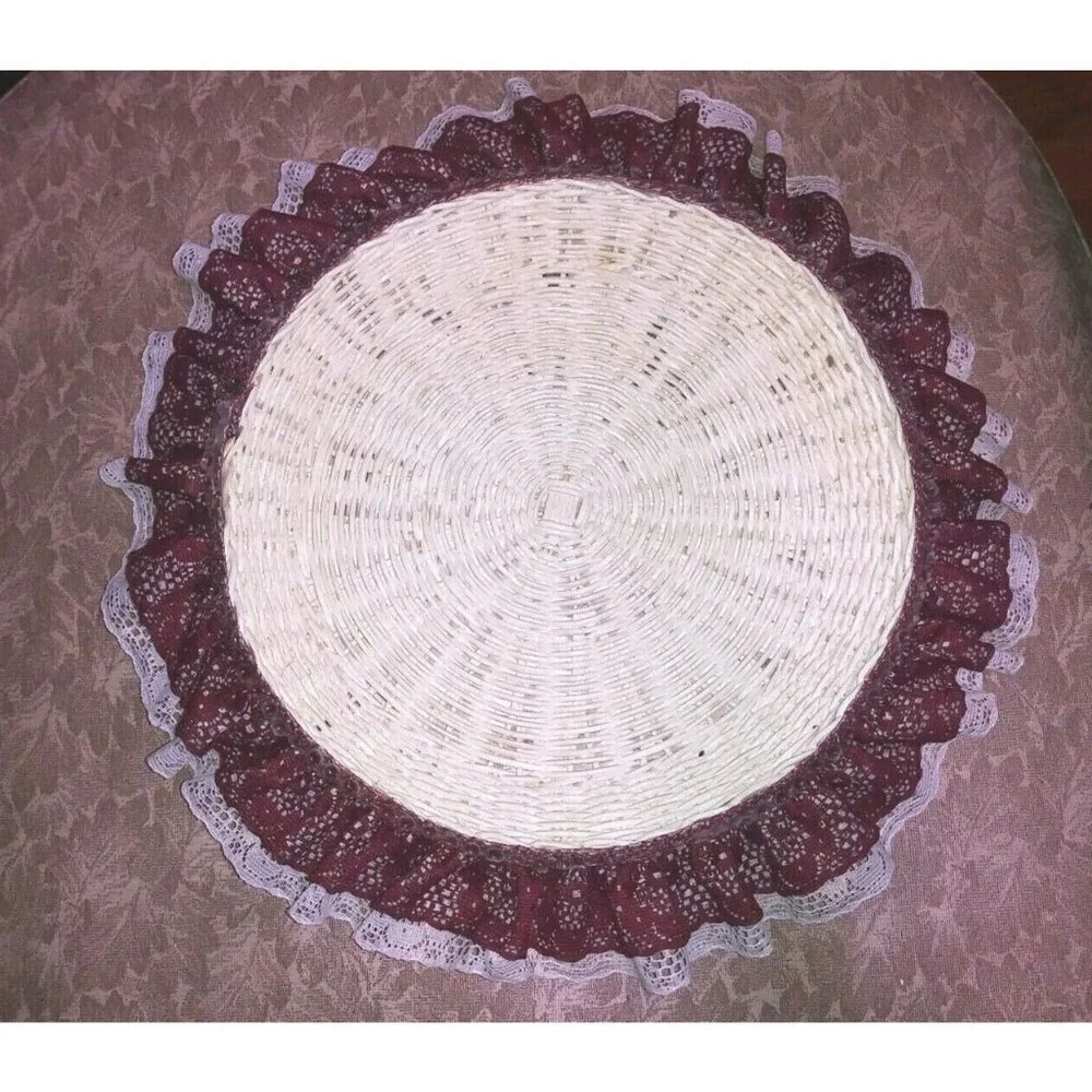 Wicker Hot Plates burgundy Lace border NEW candy/trinket dish/holders Farmhouse